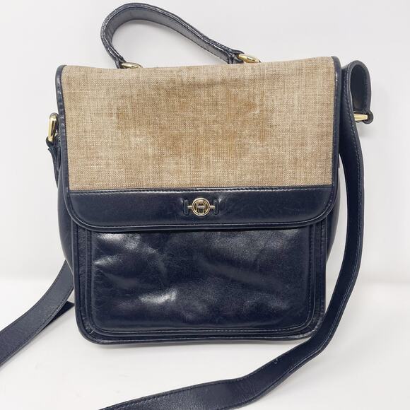 Vintage Etienne Aigner Brown Black Leather Linen Crossbody Bag Satchel Foldover - Picture 9 of 13